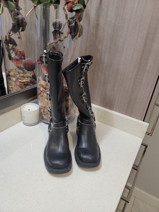 Miu Miu Shoes - Miu Miu Biker Iconic Buckles Black Leather Knee Length Boots Size 37